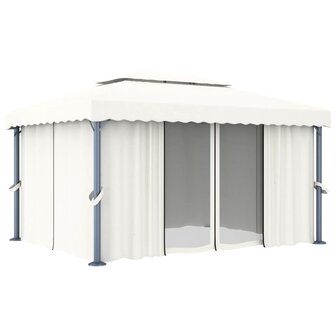 Prieel met gordijn en LED-lichtslinger 4x3 m cr&egrave;mewit