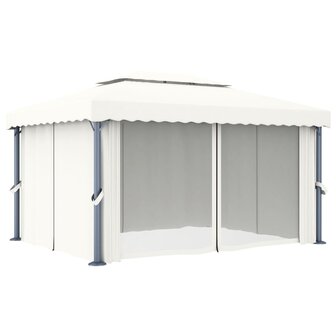 Prieel met gordijn en LED-lichtslinger 4x3 m cr&egrave;mewit