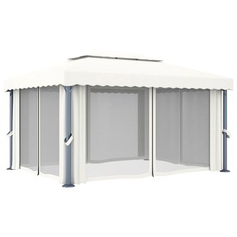 Prieel met gordijn en LED-lichtslinger 4x3 m cr&egrave;mewit