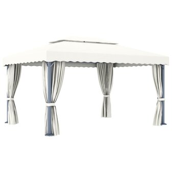 Prieel met gordijn en LED-lichtslinger 4x3 m cr&egrave;mewit