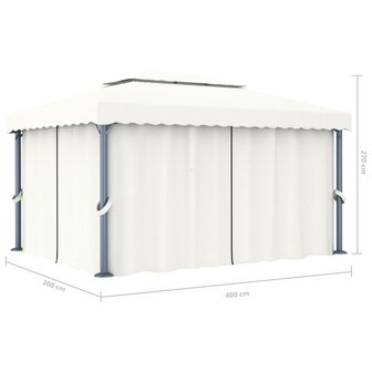 Prieel met gordijn en LED-lichtslinger 4x3 m cr&egrave;mewit