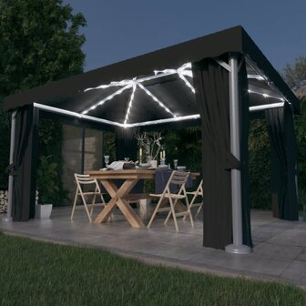 Prieel met gordijn en LED-lichtslinger 4x3 m antracietkleurig