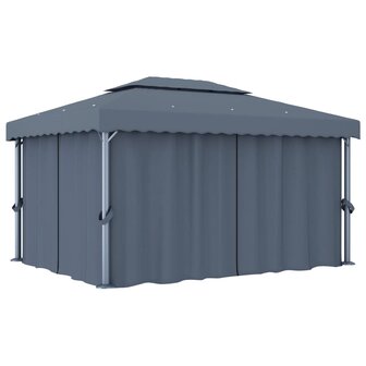 Prieel met gordijn en LED-lichtslinger 4x3 m antracietkleurig
