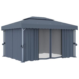 Prieel met gordijn en LED-lichtslinger 4x3 m antracietkleurig
