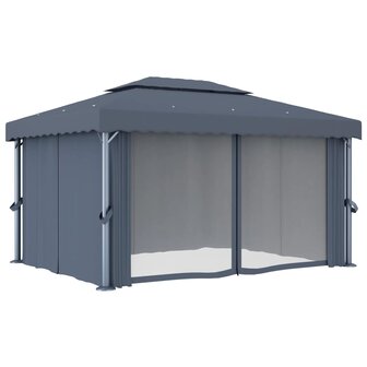 Prieel met gordijn en LED-lichtslinger 4x3 m antracietkleurig