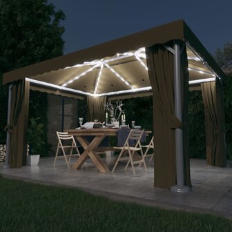 Prieel met gordijn en LED-lichtslinger 4x3 m taupe