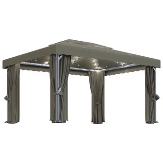 Prieel met gordijn en LED-lichtslinger 4x3 m taupe