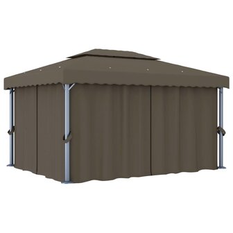 Prieel met gordijn en LED-lichtslinger 4x3 m taupe