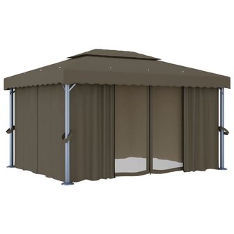 Prieel met gordijn en LED-lichtslinger 4x3 m taupe