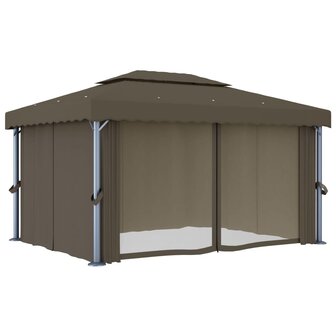 Prieel met gordijn en LED-lichtslinger 4x3 m taupe
