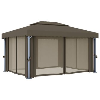 Prieel met gordijn en LED-lichtslinger 4x3 m taupe