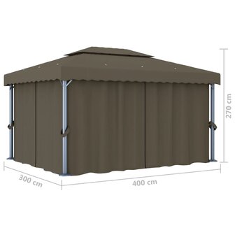 Prieel met gordijn en LED-lichtslinger 4x3 m taupe