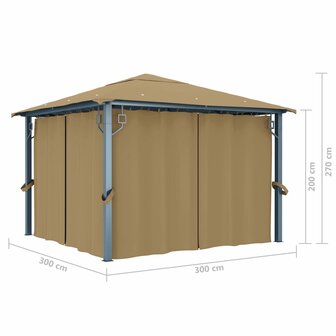 Prieel met gordijn 300x300 cm aluminium taupe