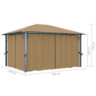 Prieel met gordijn 400x300 cm aluminium taupe
