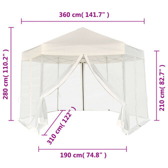 Partytent pop-up zeshoekig met 6 zijwanden 3,6x3,1 m cr&egrave;mewit