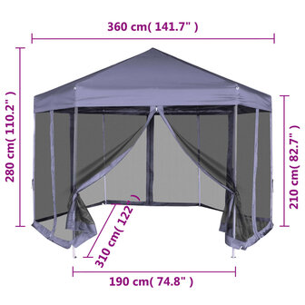 Partytent met zijwanden pop-up zeshoekig 3,6x3,1 m donkerblauw