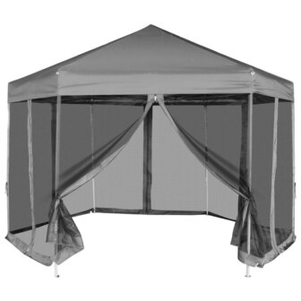 Partytent pop-up zeshoekig met 6 zijwanden 3,6x3,1 m grijs
