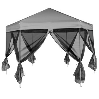 Partytent pop-up zeshoekig met 6 zijwanden 3,6x3,1 m grijs