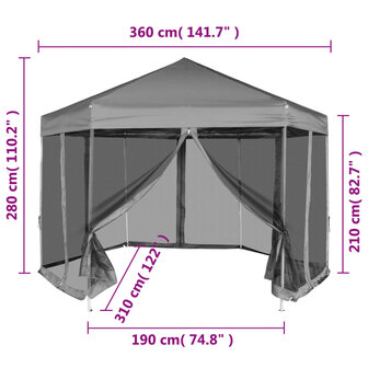 Partytent pop-up zeshoekig met 6 zijwanden 3,6x3,1 m grijs