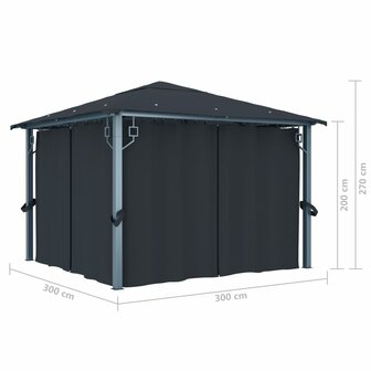 Prieel met gordijn 300x300 cm aluminium antraciet