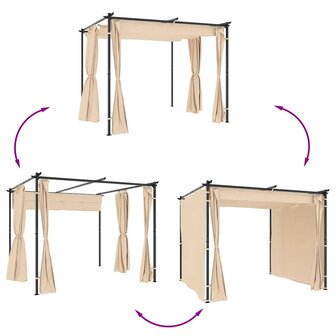 Prieel met gordijnen 3x3 m staal cr&egrave;me