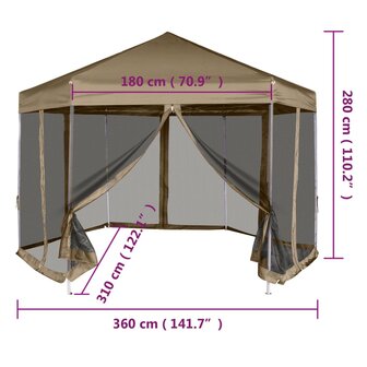 Partytent met wanden zeshoekig 3,6x3,1 m taupe 220 g/m&sup2;