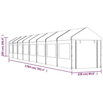 Prieel met dak 17,84x2,28x2,69 m polyetheen wit