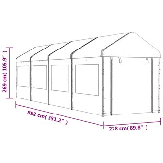 Prieel met dak 8,92x2,28x2,69 m polyetheen wit