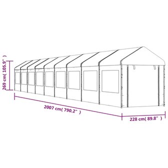 Prieel met dak 20,07x2,28x2,69 m polyetheen wit