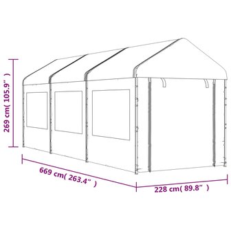 Prieel met dak 6,69x2,28x2,69 m polyetheen wit