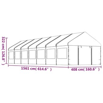 Prieel met dak 15,61x4,08x3,22 m polyetheen wit