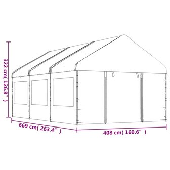Prieel met dak 6,69x4,08x3,22 m polyetheen wit