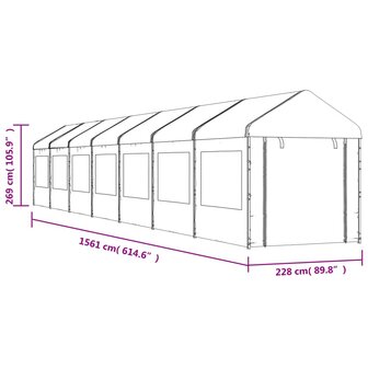 Prieel met dak 15,61x2,28x2,69 m polyetheen wit
