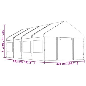 Prieel met dak 8,92x4,08x3,22 m polyetheen wit