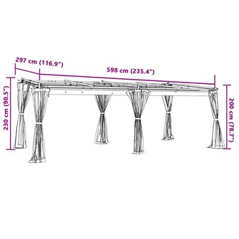 Prieel met zijwanden van gaas 6x3 m staal cr&egrave;mekleurig
