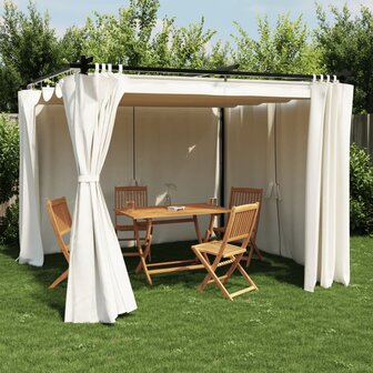 Prieel met gordijnen 3x3 m staal cr&egrave;mekleurig