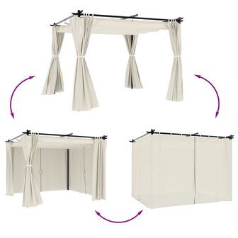 Prieel met gordijnen 3x3 m staal cr&egrave;mekleurig