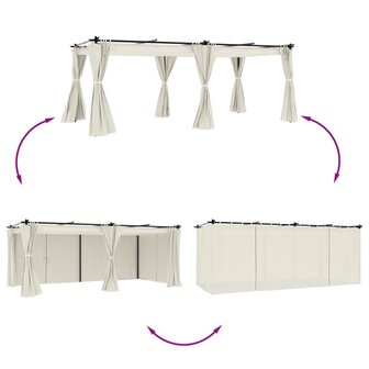 Prieel met gordijnen 6x3 m staal cr&egrave;mekleurig