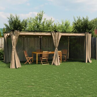 Prieel met gordijnen 6x3 m staal taupe