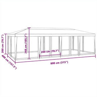 Partytent met 12 mesh zijwanden 8x4 m HDPE rood