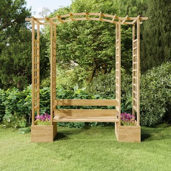 Pergola met bank en plantenbakken ge&iuml;mpregneerd grenenhout
