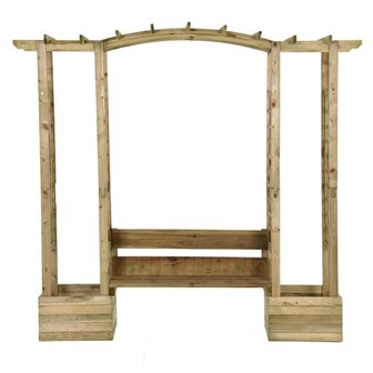 Pergola met bank en plantenbakken ge&iuml;mpregneerd grenenhout