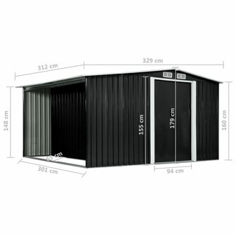 Tuinschuur met schuifdeuren 329,5x312x178 cm staal antraciet