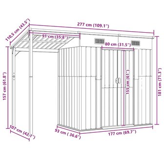 Tuinschuur met verlengd dak 277x110,5x181 cm staal antraciet