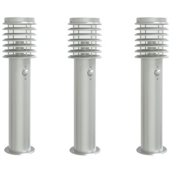 Buitenvloerlampen 3 st met sensors 60 cm roestvrijstaal zilver