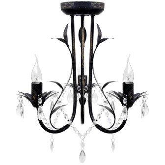Kroonluchter art nouveau metaal kristallen kralen 3 gloeilampen zwart