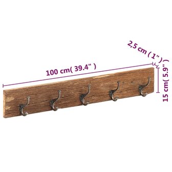 Wandkapstok met 5 haken 100x2,5x15 cm massief gerecycled hout