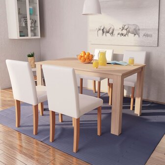 Eetkamerset kunstleer en eiken cr&egrave;me 5-delig