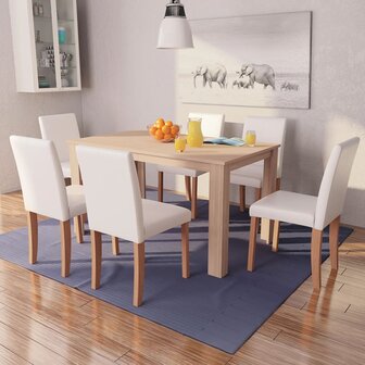 Eettafel met stoelen kunstleer en eikenhout cr&egrave;me 7-delig
