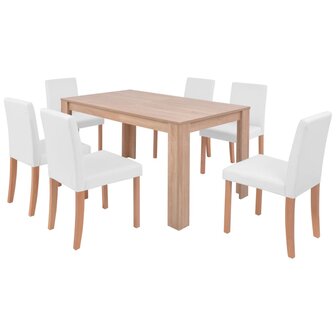Eettafel met stoelen kunstleer en eikenhout cr&egrave;me 7-delig